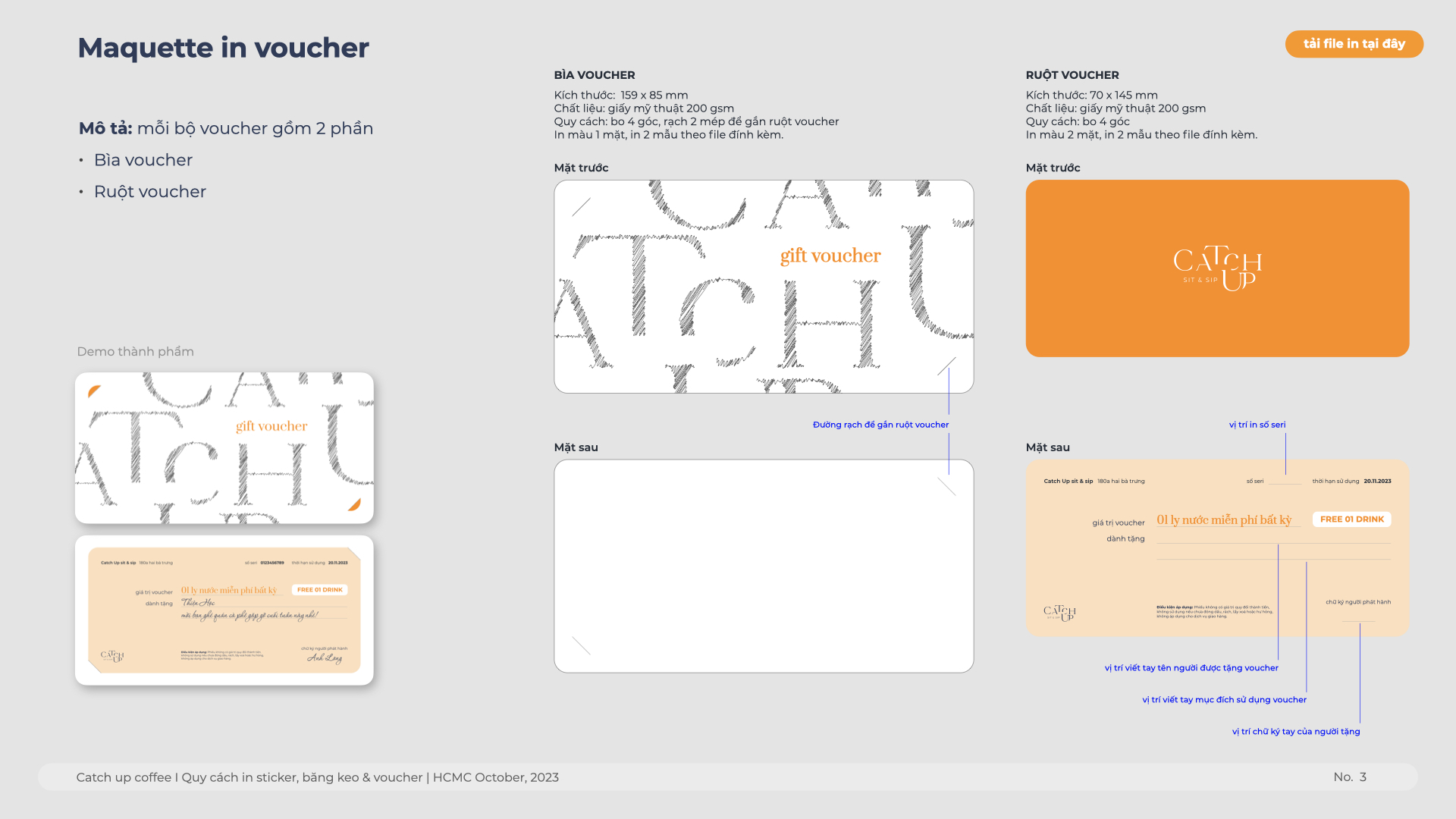 Maquette dàn trang voucher Catch Up với kích thước và chất liệu