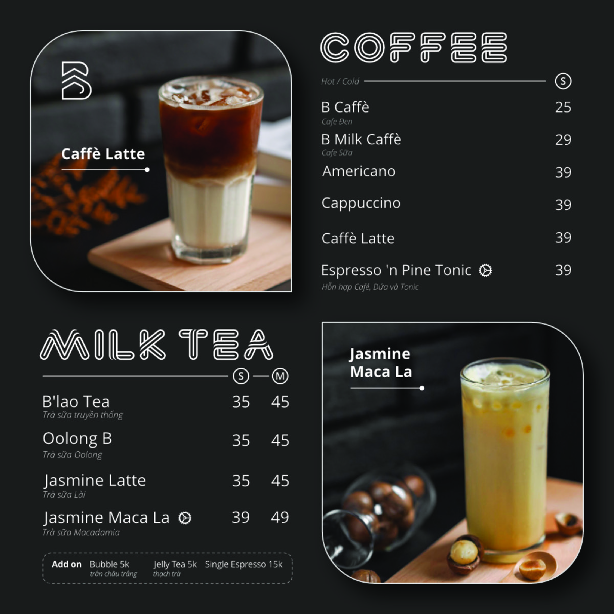 Menu cà phê và trà sữa của B Coffee