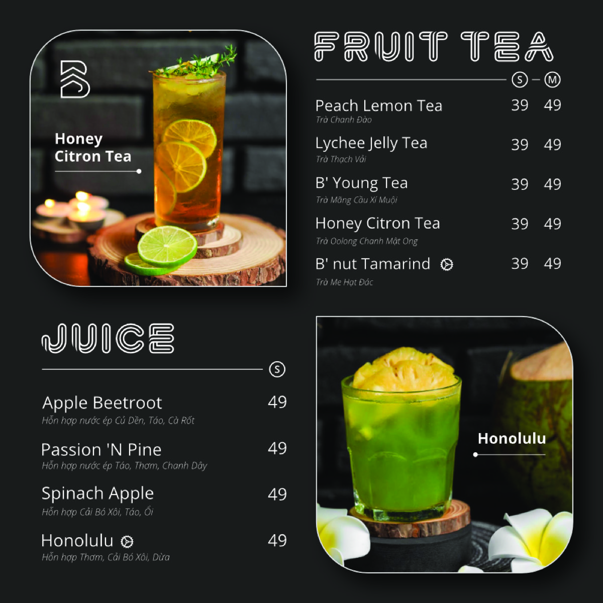 Menu trà trái cây và nước ép của B Coffee